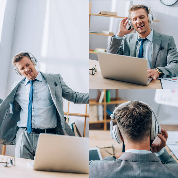 Collage of cheerful businessman listening music in headphones and using laptop in office  - Foto, Imagem