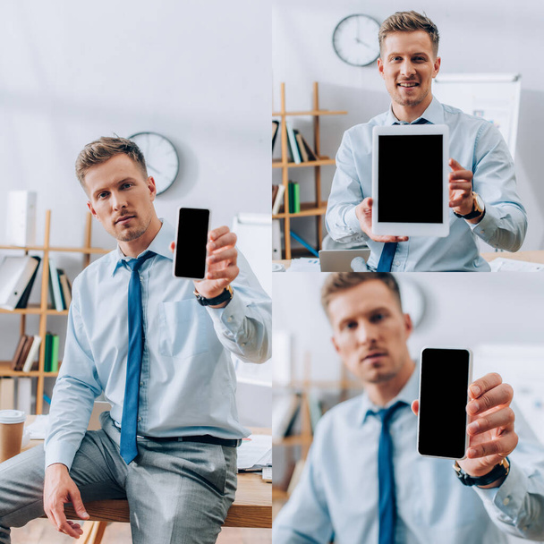 Колаж бізнесмена, що показує смартфон і цифровий планшет з порожнім екраном в офісі
  - Фото, зображення