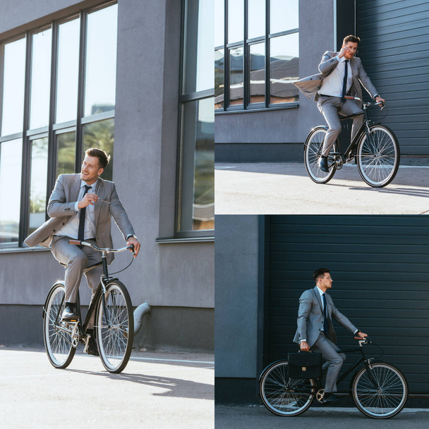 Collage of smiling businessman with eyeglasses riding bicycle outdoors - Foto, afbeelding