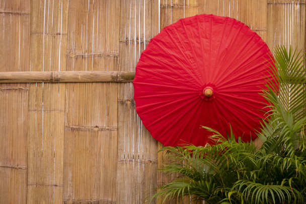 Κόκκινη χάρτινη ομπρέλα με πράσινα φύλλα φοίνικα σε ξύλινο φόντο από μπαμπού - Φωτογραφία, εικόνα