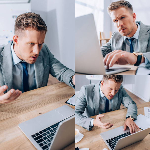 Collage of angry businessman using laptop near papers and cup of coffee in office  - Fotografie, Obrázek