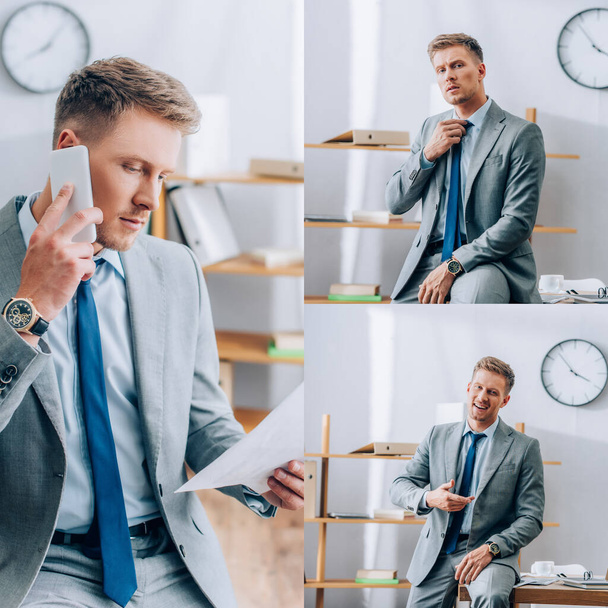 Collage of businessman talking on smartphone and looking at camera near working table in office - Фото, изображение