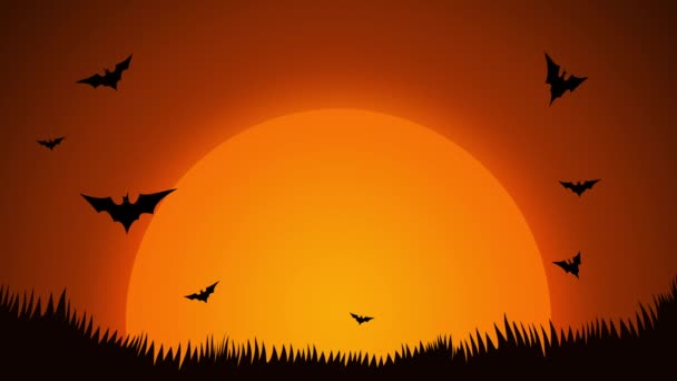 Świecąca pełnia księżyca i nietoperze poruszające się z sylwetek animacji trawy, puste miejsce do kopiowania, Scary i horror koncepcja tła - Materiał filmowy, wideo