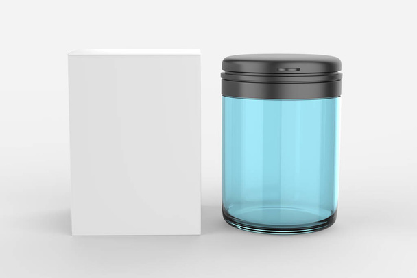 vaso lucido con coperchio per polvere sportiva proteine, vitamine, bcaa, compresse. Modello di modello di imballaggio fotorealistico. Illustrazione 3d - Foto, immagini