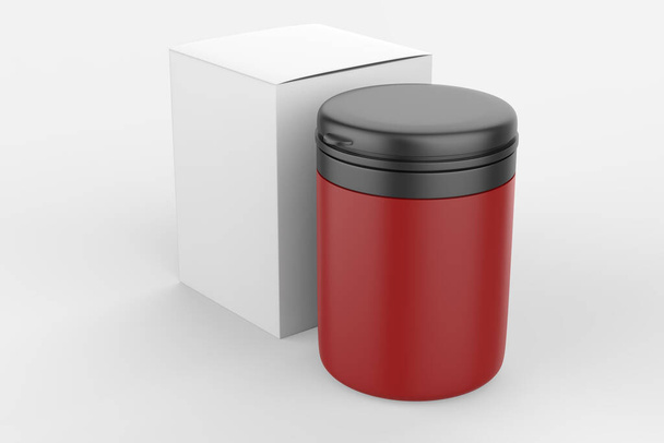 glossy jar with lid for sport powder - protein, vitamins, bcaa, tablets. Photo-realistic packaging mockup template. 3d illustration - Φωτογραφία, εικόνα