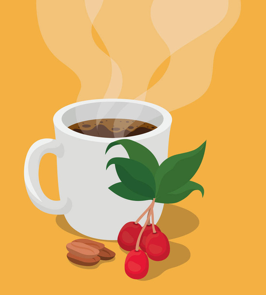 kubek do kawy z liśćmi jagód i wektorem fasoli - Wektor, obraz