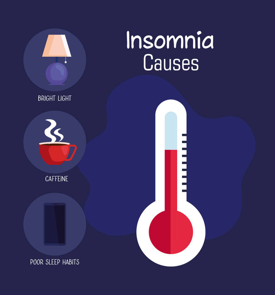 insomnia causes thermometer temperature and icon set vector design - Vector, Image