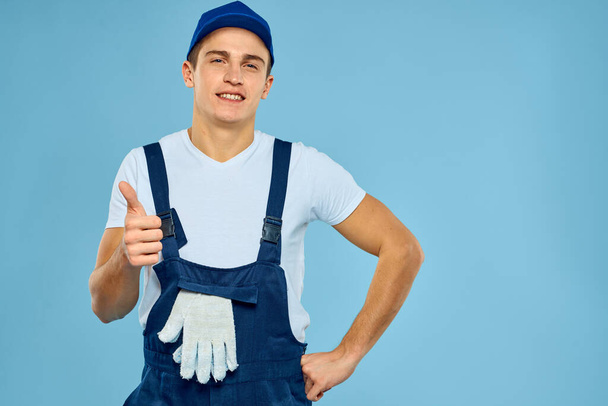 Delivery service man worker rendering service blue background - Photo, Image