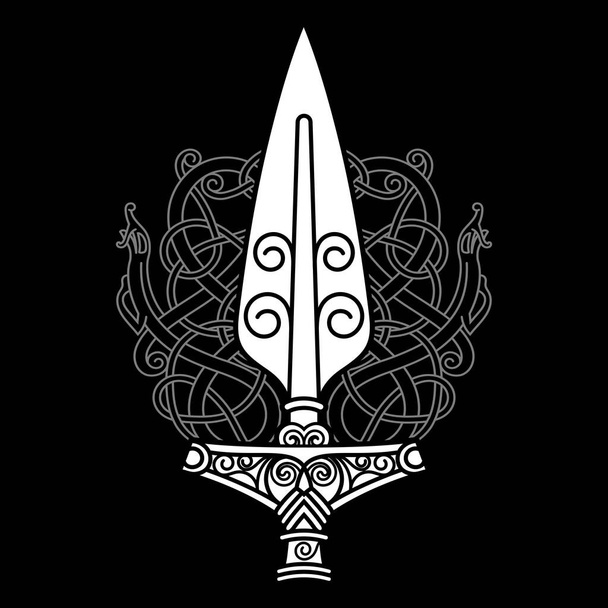 Der Speer des Gottes Odin - Gungnir und skandinavisches Muster - Vektor, Bild
