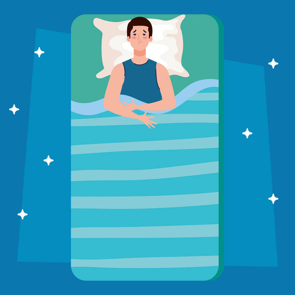 αϋπνία άνθρωπος στο κρεβάτι με μαξιλάρι διανυσματικό σχεδιασμό - Διάνυσμα, εικόνα