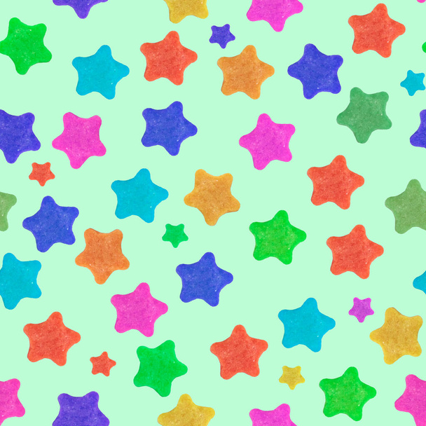 Childrens festive background with multicolored stars on pastel green. Seamless pattern. Blank for printing on fabric or as a background. - Φωτογραφία, εικόνα