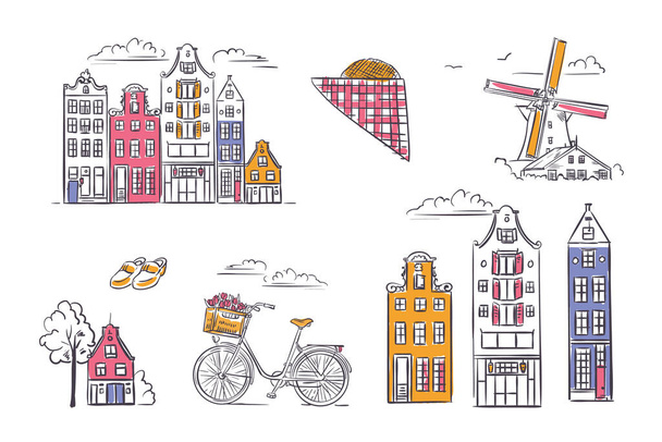 Vektorkészlet Amszterdam szimbólumok vázlatos stílusban. - Vektor, kép