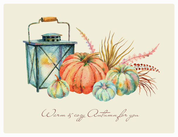 Aquarel Herfst Oranje Blauw Pompoenen Boeket Vintage Roestige Lantaarn. Thanksgiving decor, herfst terracotta, olijf mosterd kleur. Gedroogde groothandel Palm - Foto, afbeelding