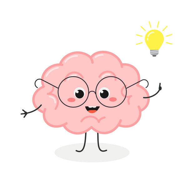 Cute nerd brain cartoon character with lightbulb - Vector, Image