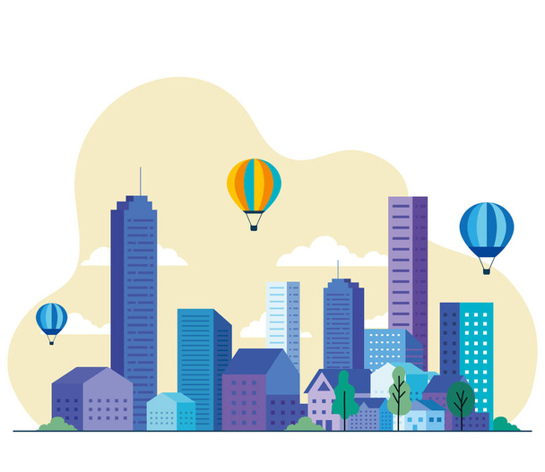 City landscape with buildings houses hot air balloons trees and clouds vector design - Διάνυσμα, εικόνα