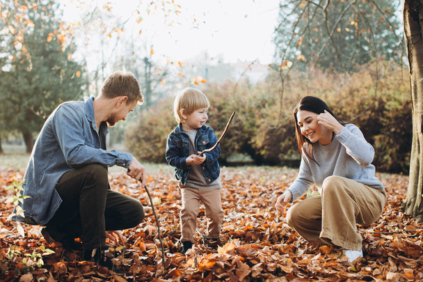 府のある秋の公園で遊ぶ家族 - 写真・画像