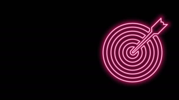 Leuchtende Leuchtlinie Target mit Pfeil-Symbol isoliert auf schwarzem Hintergrund. Hinweisschild. Bogenschießen Ikone. Dartscheibe. Geschäftszielkonzept. 4K Video Motion Grafik Animation - Filmmaterial, Video