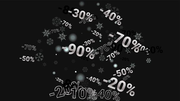 Percent Sings on Dark Background. Black Poster with Silver Percent Sings and Snowflakes. Vector Discount Sale Background. - Vektor, obrázek