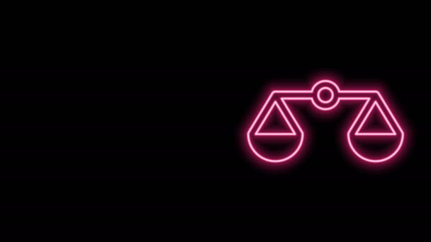 Glowing neon line Scales of justice icon isolated on black background. Court of law symbol. Balance scale sign. 4K Video motion graphic animation - Footage, Video