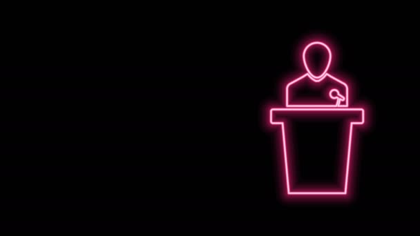Ragyogó neon vonal Hangszóró ikon elszigetelt fekete háttérrel. Szónok beszél a tribunusból. Nyilvános beszéd. Személy a pódiumon. 4K Videó mozgás grafikus animáció - Felvétel, videó