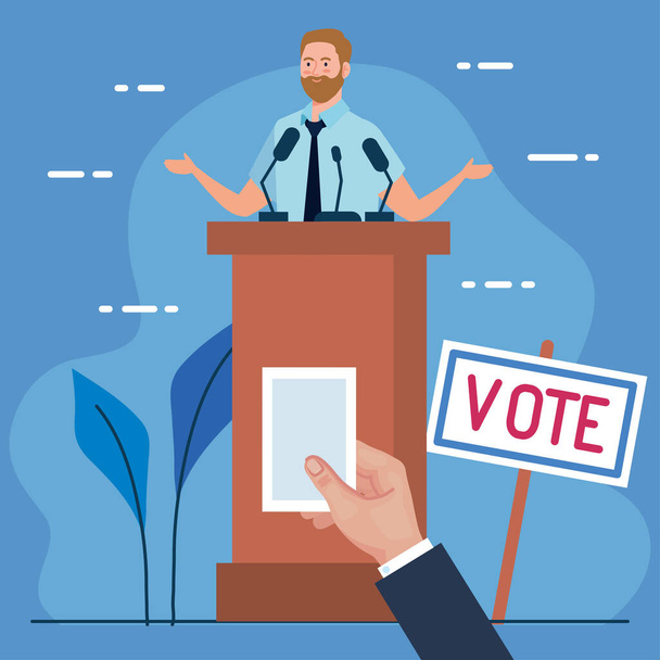 Giorno delle elezioni uomo sul podio e mano tenuta voto carta disegno vettoriale - Vettoriali, immagini