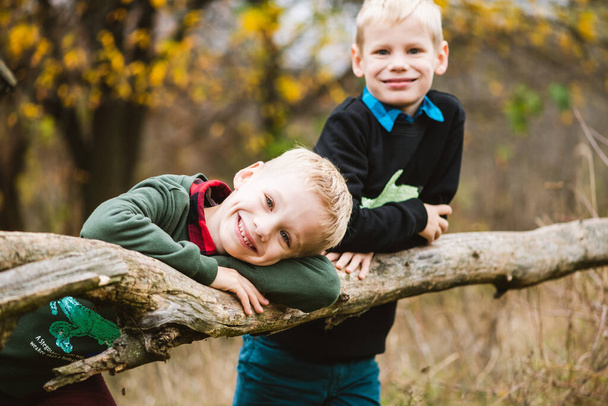 Adorable boys hanging on wooden log and looking at camera at fall forest, active family weekend. Brotherhood and kids friendship - Фото, изображение