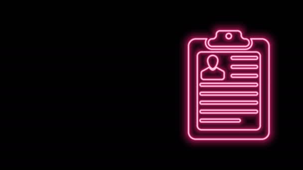 Leuchtende neonfarbene Zwischenablage mit Lebenslauf-Symbol auf schwarzem Hintergrund. Lebenslauf-Bewerbung. Lebenslauf, Bewerbungsformular mit Profilbild. 4K Video Motion Grafik Animation - Filmmaterial, Video