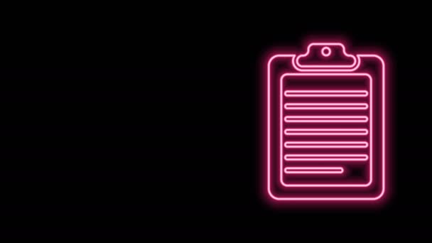 Gloeiende neon lijn Klembord met document pictogram geïsoleerd op zwarte achtergrond. 4K Video motion grafische animatie - Video
