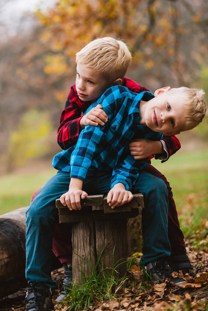 Два очаровательных мальчика младшего школьного возраста, 6-7 лет, сидят на деревянной скамейке, обнимаются в одинаковых клетчатых рубашках на фоне осеннего парка - Фото, изображение