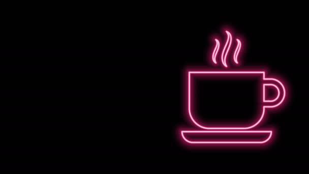 Λάμψη νέον γραμμή φλιτζάνι καφέ εικονίδιο απομονώνονται σε μαύρο φόντο. Ένα φλιτζάνι τσάι. Ζεστό ποτό καφέ. 4K Γραφική κίνηση κίνησης βίντεο - Πλάνα, βίντεο