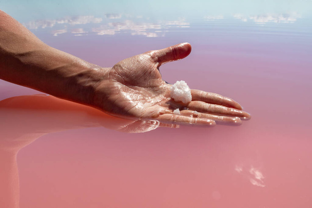 Hand holding pink white salt flake crystal formation in pink vibrant reflective lake water surface. Spa resort sunny close-up on Syvash, Ukraine - Photo, Image