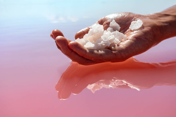 Mano sosteniendo racimo de cristales de escamas de sal blanca rosa sobre la superficie del agua del lago rosa con reflejo espejo. Spa resort soleado primer plano - Foto, imagen