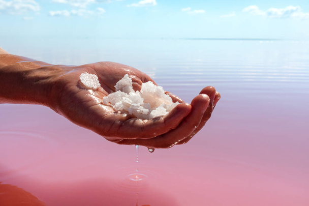 Hand hält ein Bündel nasser rosa weißer Salzflocken-Kristalle über der rosa Wasseroberfläche des Sees. Kurort sonnige Nahaufnahme auf Syvash oder Sivash, dem faulen Meer oder dem faulen Meer, Ukraine - Foto, Bild