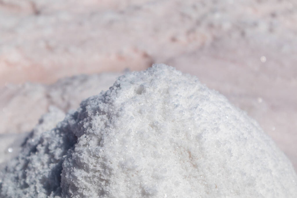 Růžová sůl parta zblízka zářící na pobřeží slaného jezera s rozmazaným pozadím. Lázeňská rekreace na Syvash nebo Sivash, Putrid Sea nebo Shnilé moře, Ukrajina - Fotografie, Obrázek