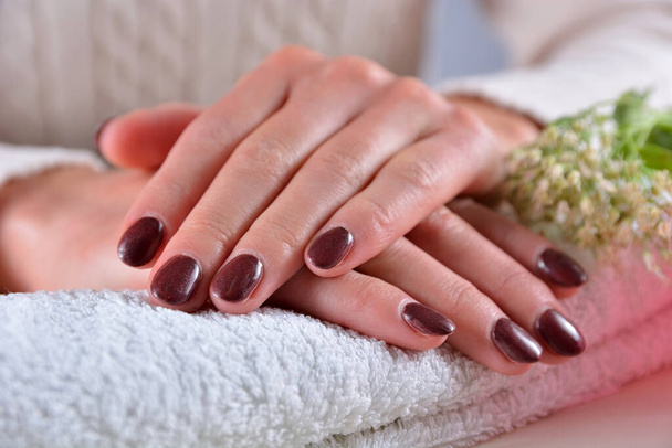 Weibliche Hände mit braunen Nägeln polieren Farbe auf einem Handtuch in einem Schönheitssalon auf einem weißen Schreibtisch mit Dekoration. Maniküre und Schönheitskonzept - Foto, Bild