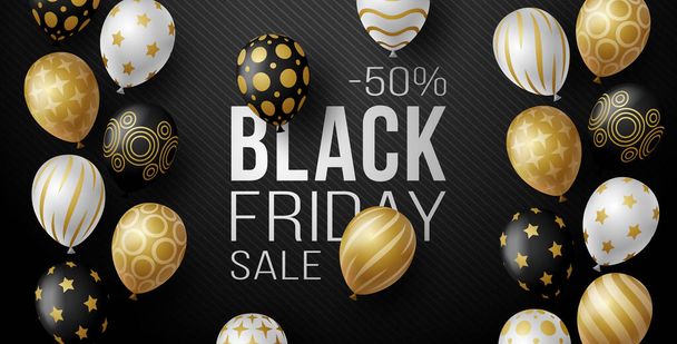 Black Friday Sale Horizontal Banner with black, white and gold Shiny Balloons on black Background with Place for text. Vector illustration.  - Vector, Image