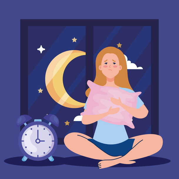 mujer insomnio con almohada y diseño de vectores de reloj - Vector, imagen