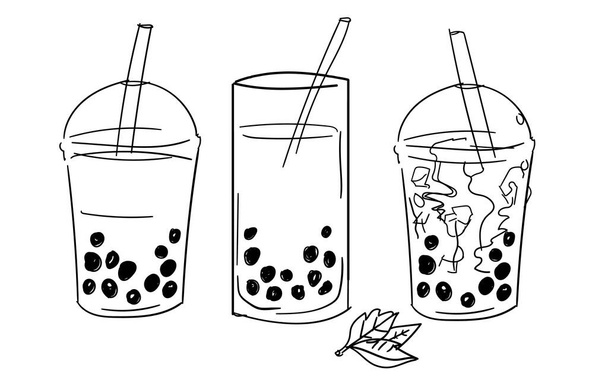Bubble tea drink in plastica tazza di paglia schizzi mano disegno isolato sfondo bianco mano disegnato stile - Vettoriali, immagini