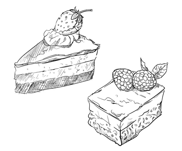 チーズケーキブラウニースライスベリー上の手描きのスケッチ白い隔離された背景 - ベクター画像