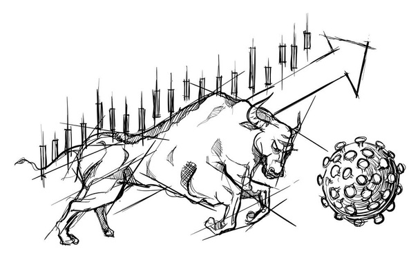 Бык борется с коронным вирусным рынком акций положительная тенденция во время пандемии руки нарисованные эскизы белый изолированный фон - Вектор,изображение