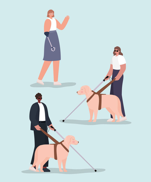 handicap femmes et aveugle homme dessins animés avec des chiens cannes et bras prothèse vectoriel design - Vecteur, image