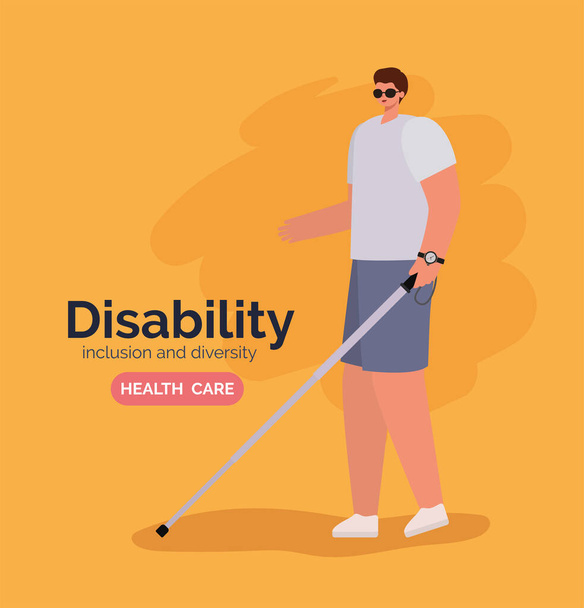 disability blind man cartoon with glasses and cane vector design - Vector, Image