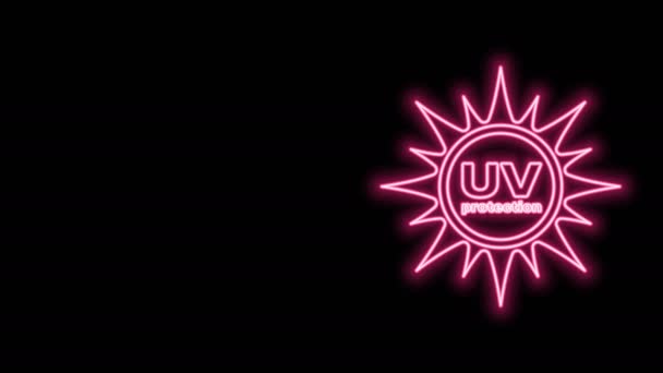 Icono de protección UV de línea de neón brillante aislado sobre fondo negro. Radiación ultravioleta. Señal solar SPF. Animación gráfica de vídeo 4K - Metraje, vídeo