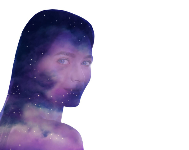 Universe hidden in human, mindfulness, imagination, art, creativity, inner power concepts. Silhouette of woman and starry sky or galaxy on white background, double exposure - Photo, Image