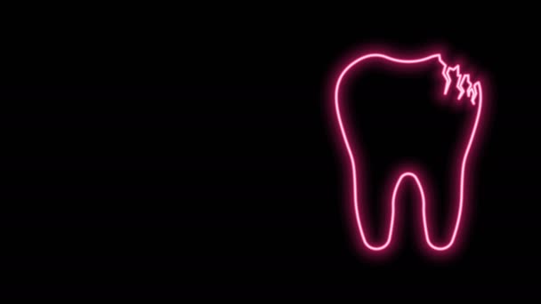 Linea neon incandescente Icona del dente rotto isolata su sfondo nero. Icona del problema dentale. Simbolo della cura dentale. Animazione grafica 4K Video motion - Filmati, video