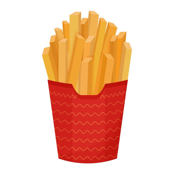 Un mucchio di patatine fritte, confezione di carta rossa, fast food isolato su sfondo bianco. Delizioso, spuntino colorato, oggetto.  - Vettoriali, immagini