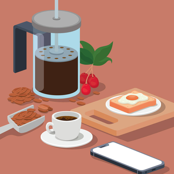 café presse française tasse smartphone oeuf haricots baies et feuilles vectoriel design - Vecteur, image