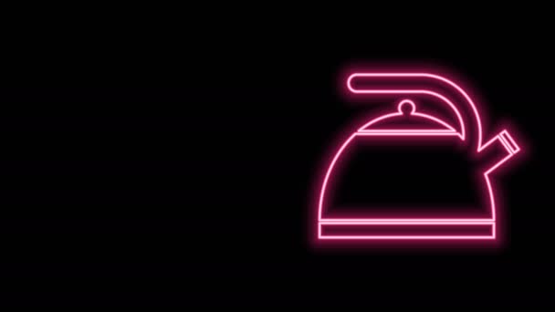 Világító neon vonal Kettle fogantyú ikon elszigetelt fekete háttérrel. Teáskanna ikon. 4K Videó mozgás grafikus animáció - Felvétel, videó