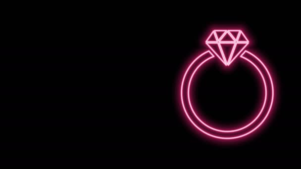 Leuchtendes neonfarbenes Diamant-Verlobungsring-Symbol auf schwarzem Hintergrund. 4K Video Motion Grafik Animation - Filmmaterial, Video