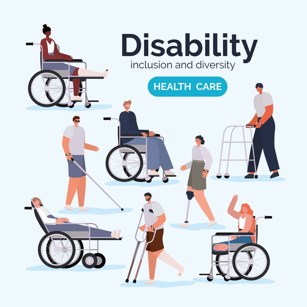 vammaiset pilapiirroksia pyörätuolilla proteesi ja valettu vektori suunnittelu - Vektori, kuva